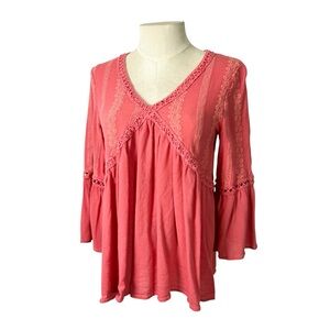 Altar’d State Boho peasant top‎ size Medium coral orange bell sleeve embroidered